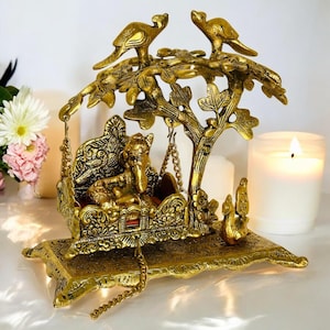 Handmade Brass Krishna Jhula Swing: Indian Pooja Decor, Janmashtami Gift