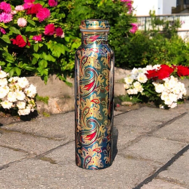 Toshali 34oz Ayurvedic Copper Water Bottle - Handcrafted Diamond Finish, Leak Proof For Yoga & Fitness