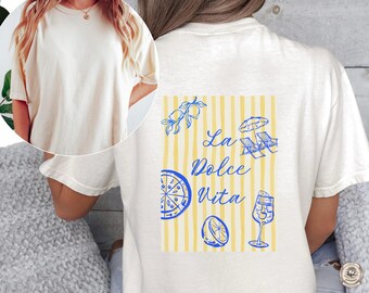 La Dolce Vita Shirt, Yellow Stripe Italian Summer Tee, Pasta and Wine Graphic Shirt, Retro Mediterranean Food Lover Shirt, Italy Travel Tee