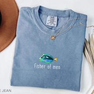Embroidered Fisher of Men Shirt, Comfort Colors Jesus Tee, Christian Gift, Retro Faith Shirt for Men and Women, Vintage Christian Fish Shirt