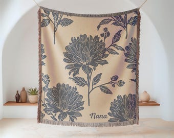 Personalized Floral Velveteen Plush Throw Blanket For Grandma, Botanical Nana Gift