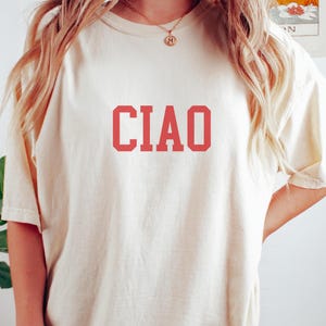 CIAO Shirt, Bold Block Red Italy Tee, Minimalist Retro Greeting Shirt, European Summer Travel T-Shirt, Clean Italian Typography Design