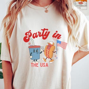 Party in the USA Shirt, Funny 4th of July Graphic Tee, Hot Dog Soda Cartoon Shirt, Red White Blue America Tee, Patriotic Party T-shirt