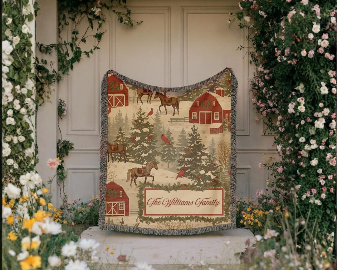 Personalized Christmas Woven Throw Blanket, Rustic Barn Horse Scene - Etsy