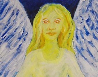 Angel painting - angel art - acrylic painting on wood - original art - wall art - blonde angel - religious art - Elisa Alvarado - wings