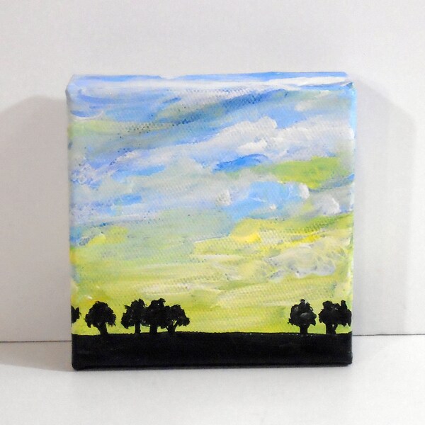 Tree Line Dawn - Original acrylic painting - Tree painting - ElisaAlvarado - Wall art - Miniature art - Landscape painting - Sky painting