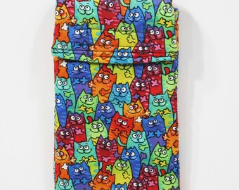 Cat print large phone pouch - sunglasses case - Cell phone case - Cloth phone case - fabric phone case - colorful cats - kitty print