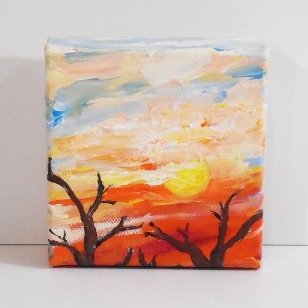 Blazing Sky - Original acrylic painting - Sky painting - ElisaAlvarado - Wall art - Miniature art - Landscape painting - Sun - Clouds