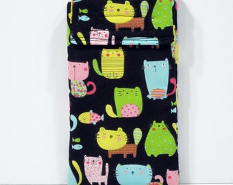 Large smartphone case,  sunglasses case, Cell phone case, Cloth phone case, fabric phone case, colorful cats, kitty print, whimsical cats