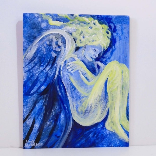 Angel painting - angel art - acrylic painting on wood - original art - wall art - blonde angel - religious art - Elisa Alvarado - blue