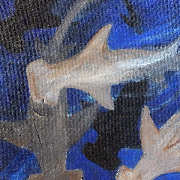 shark painting, Hammerhead Sharks, original acrylic painting on canvas, hammerhead shark painting