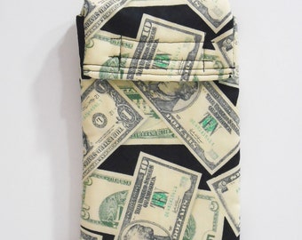 Large cell phone case - Money phone case - Sunglasses case - Fabric phone pouch - Money print - Fabric phone case - Dollar bill print