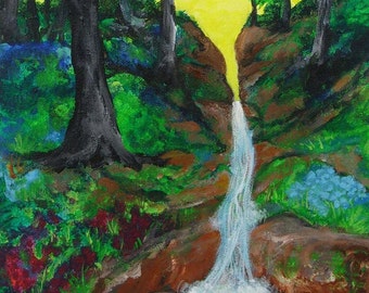 waterfall painting, Forest Waterfall, original acrylic painting on canvas, river painting, landscape painting, original art