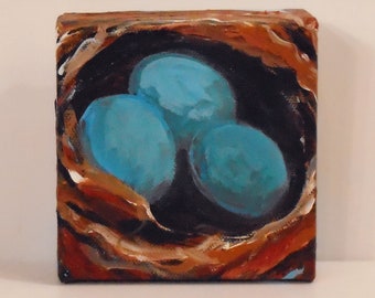 Nest painting - Nest with Three Blue Eggs - Original acrylic painting - Wall art - Home decor - Farmhouse chic - Birds - Elisa Alvarado