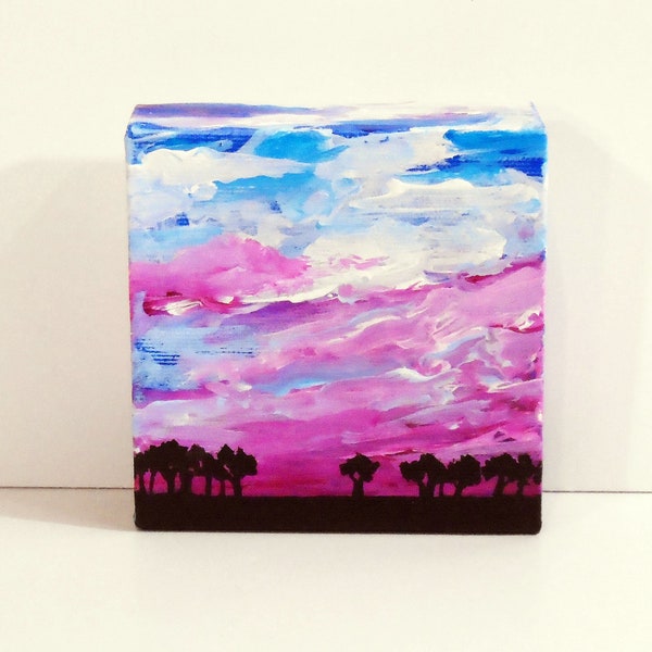 Violet Sky - Original acrylic painting - Sky painting - ElisaAlvarado - Wall art - Miniature art - Landscape painting - Tree art - Clouds