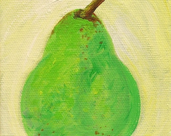 Pear painting - original acrylic painting on canvas - fruit - kitchen art - wall art - miniature art - still life - green pear