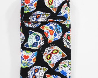 Sugar skull cats smartphone case, Cell phone case, Sunglasses case, Fabric phone pouch, cat phone case, Cosmetics case, cat, sugar skulls