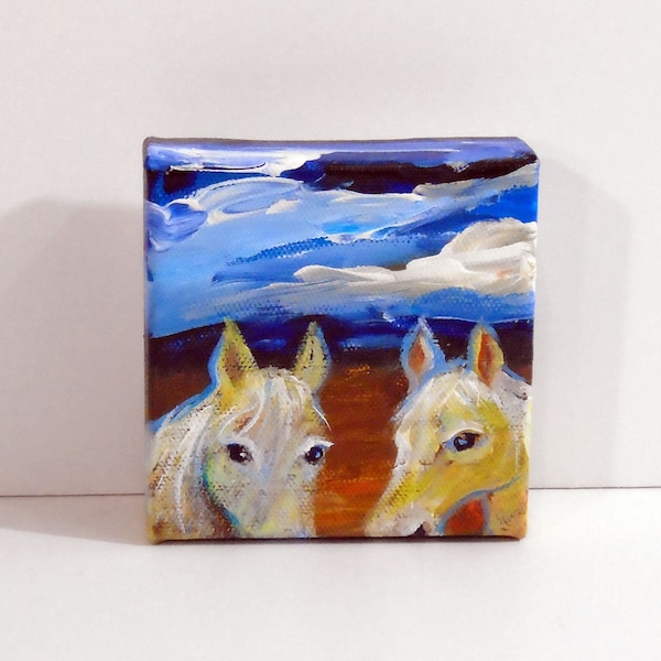 Desert Landscape with Two Ponies - Original acrylic painting - Horse painting - Wall art - Miniature art - Landscape painting - Western