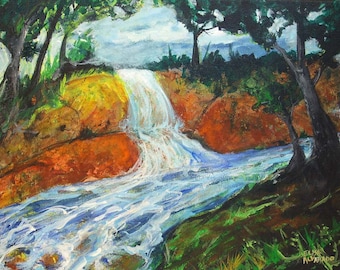 waterfall painting - River Waterfall - original acrylic painting on canvas - river painting - landscape painting - original art - Wall art