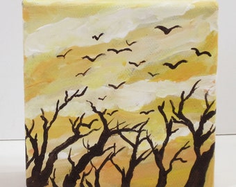 The Flock, original acrylic painting, tree painting, bird painting, ElisaAlvarado, wall art, miniature art, landscape painting, birds