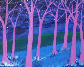 Tree painting - Purple Trees - Original acrylic painting on canvas - Forest painting - Night painting - Wall art - Folk art - Home decor