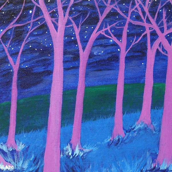 Tree painting - Purple Trees - Original acrylic painting on canvas - Forest painting - Night painting - Wall art - Folk art - Home decor