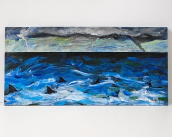 Shark painting, Seascape, Turbulent Seas, Acrylic painting, Waterspout, Sharks, Tornado, Wall art, Painting on wood, Original art, stormy