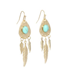Dreamcatcher Hammered Boho Bohemian Style Gold Feather Natural Stone Teardrop Dangle Earrings