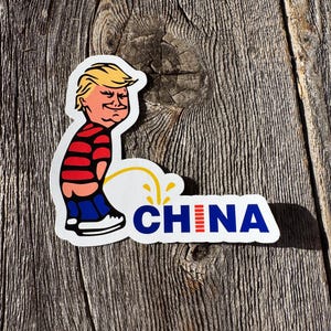 Trump Peeing on China Sticker, Political Satire Vinyl Decal, Funny Trump Pee on China Sticker, Anti-China Political Humor Sticker.