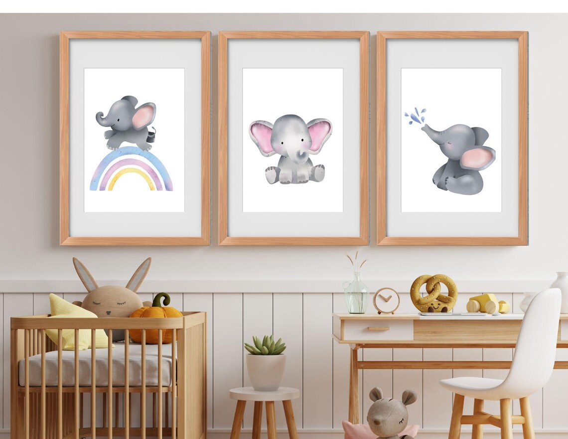 Elephant Nursery Wall Art, Baby Elephants, Elephant and Rainbow ...