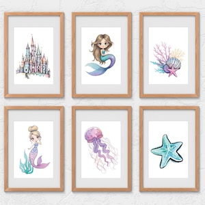 Mermaid nursery wall art, Mermaid digital prints, Baby Girl Nursery mermaid, Watercolor Mermaid, Mermaids and Shells Wall art.