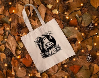 Trick or treat bag, Spooky Cute Halloween Bag with Ghost, Halloween Canvas Bag, Reusable Trick or Treat Tote, Spooky Gift Bag