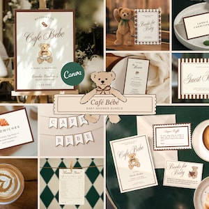 May include: A collection of baby shower decorations with a cafe theme. Includes a sign, menu, guest book, and other cards with a teddy bear illustration. The color scheme is cream and brown.
