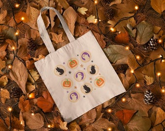 Spooky Sugar Cookie Design Canvas Bag, Perfect for Trick or Treating, Halloween Tote Bag with Cute Cookie Illustrations, Halloween Fun