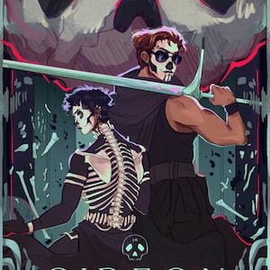 May include: A digital illustration of two figures with skeletal features. The figures are standing in front of a large skull. The figure on the left is wearing a black outfit with a skeletal ribcage design. The figure on the right is wearing a black tank top and sunglasses. The text "GIDEON THE NINTH" is at the bottom of the image.