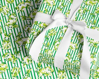 Bunny Christmas Wrapping Paper with Preppy Stripe for Holidays and Birthdays, Bunnies Gift Wrap for Easter, Whimsical Nature Animal Kids