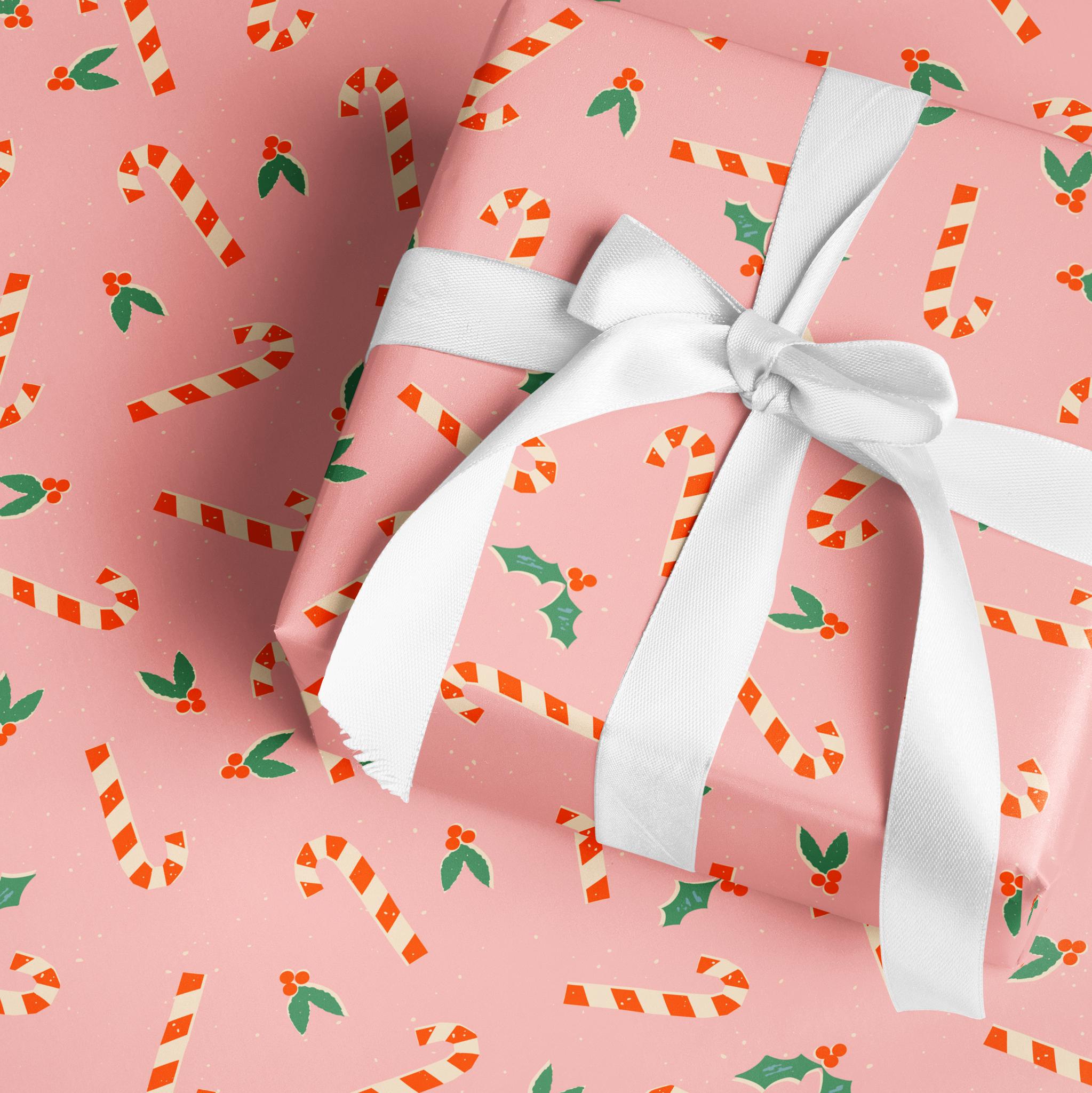 Candy Cane Wrapping Paper | Pink Christmas Gift Wrap Roll | Luxury ...
