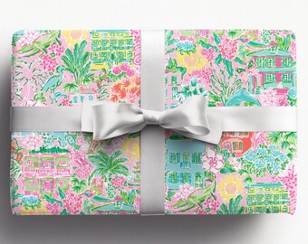 Preppy Christmas Wrapping Paper | Coastal Christmas Gift Wrap |  Tea Party | Chinoiserie | Festive Gift Wrap Rolls | Hot Pink | Colorful