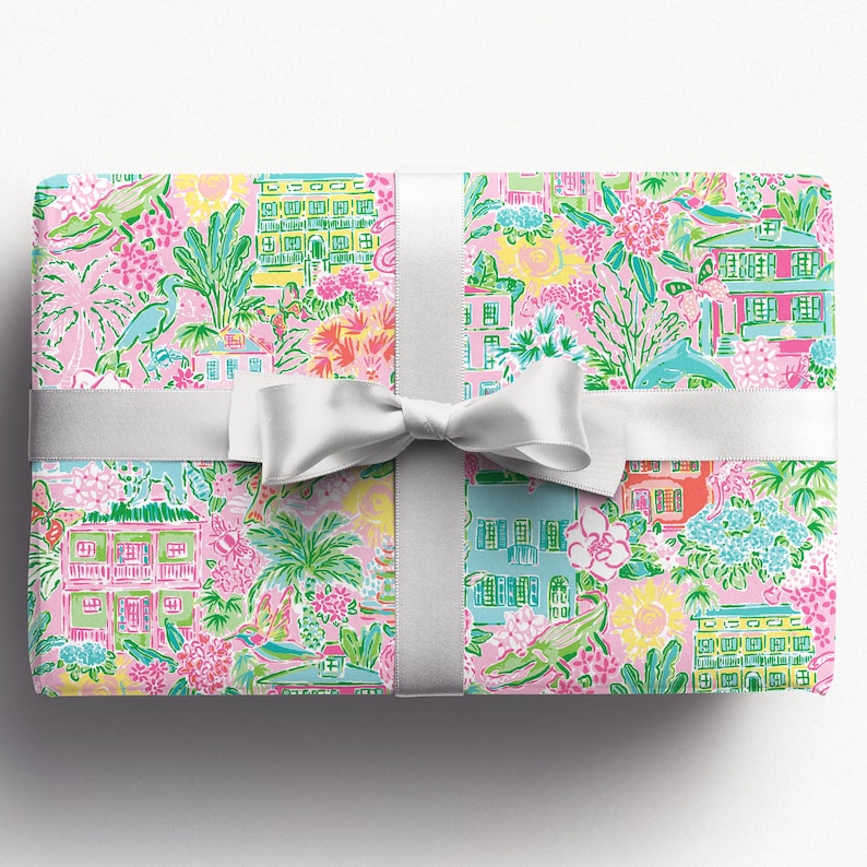 preppy coastal christmas wrapping paper, pink, green, Charleston, illustration, sketch, southern, fun, cute, holiday gift wrap
