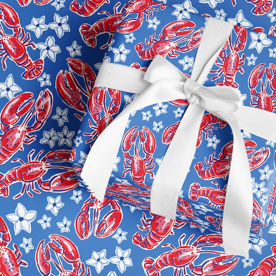 Wrapping Paper - Lobster Coastal | Preppy Gift Wrap {Christmas, Holiday, Birthday, Gift Wrap}