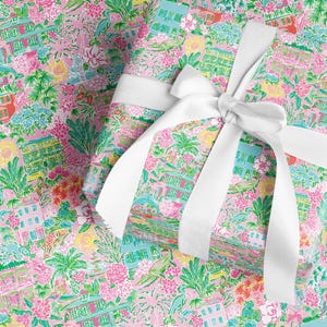 preppy coastal christmas wrapping paper, pink, green, Charleston, illustration, sketch, southern, fun, cute, holiday gift wrap