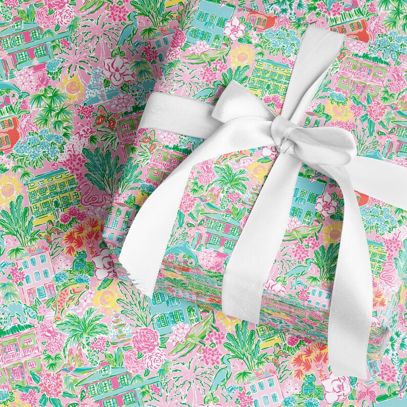 preppy coastal christmas wrapping paper, pink, green, Charleston, illustration, sketch, southern, fun, cute, holiday gift wrap