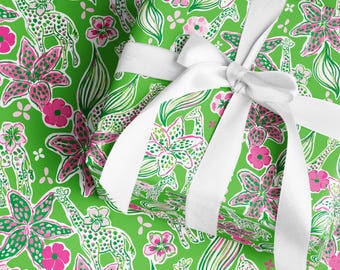 Wrapping Paper - Tropical Giraffe Flora and Fauna | Preppy Gift Wrap {Christmas, Holiday, Birthday, Gift Wrap}