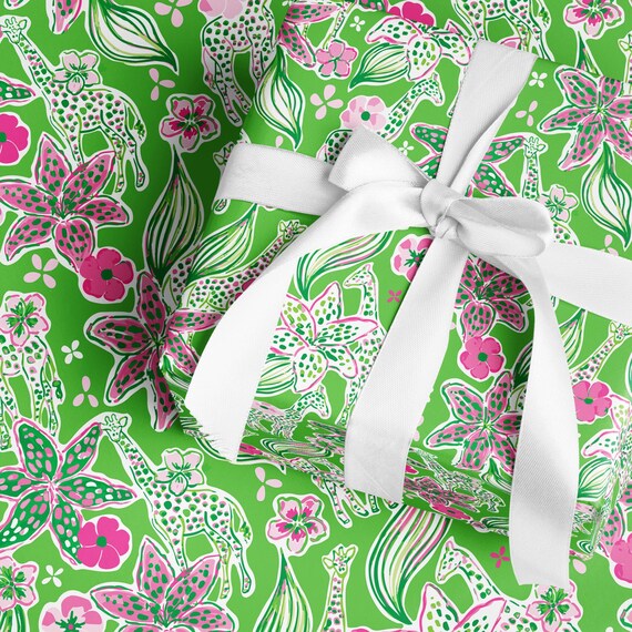 Wrapping Paper - Tropical Giraffe Flora and Fauna | Preppy Gift Wrap {Christmas, Holiday, Birthday, Gift Wrap}
