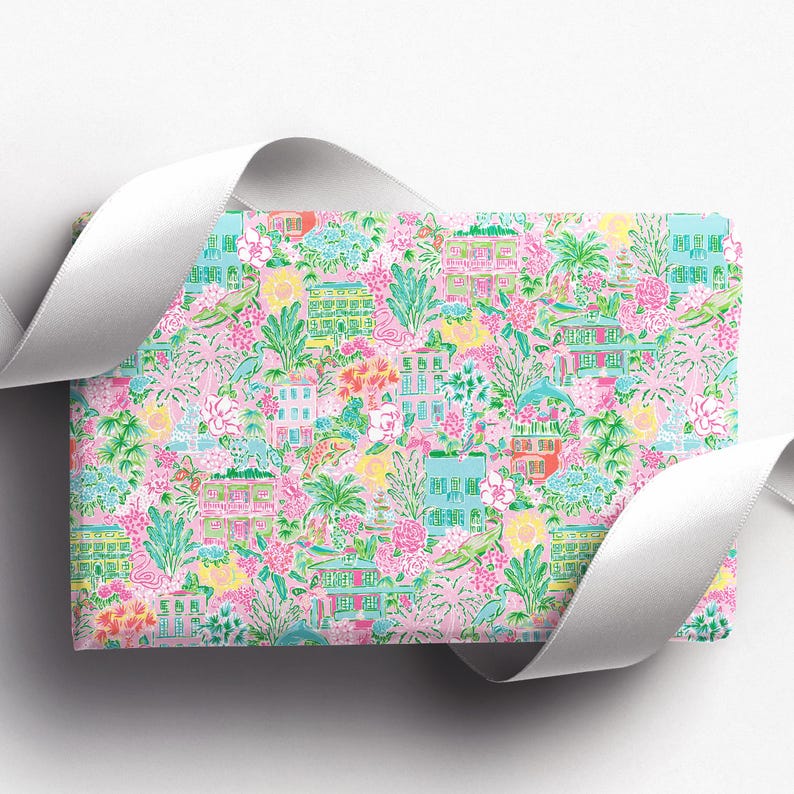 preppy coastal christmas wrapping paper, pink, green, Charleston, illustration, sketch, southern, fun, cute, holiday gift wrap