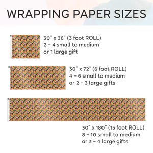 Puede incluir: Un gr&aacute;fico que muestra los tama&ntilde;os de papel de regalo y cu&aacute;ntos regalos puede envolver cada rollo. El gr&aacute;fico muestra tres tama&ntilde;os diferentes de rollos de papel de regalo: 30 pulgadas por 36 pulgadas, 30 pulgadas por 72 pulgadas y 30 pulgadas por 180 pulgadas. Cada tama&ntilde;o de rollo se muestra con una imagen correspondiente del papel de regalo. El gr&aacute;fico tambi&eacute;n muestra cu&aacute;ntos regalos peque&ntilde;os a medianos y regalos grandes puede envolver cada rollo.