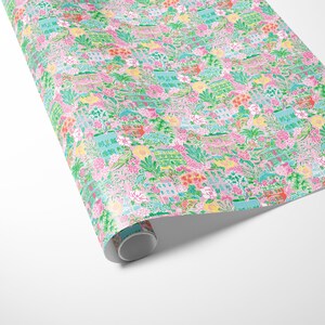 preppy coastal christmas wrapping paper, pink, green, Charleston, illustration, sketch, southern, fun, cute, holiday gift wrap