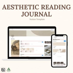 Op de afbeelding: Esthetische Leesschrift Notion-sjabloon weergegeven op een laptop en smartphone. Het laptopscherm toont een leeslijstinterface met een timer. De smartphone toont een vergelijkbare interface. De tekst "Aesthetic Reading Journal" staat bovenaan.