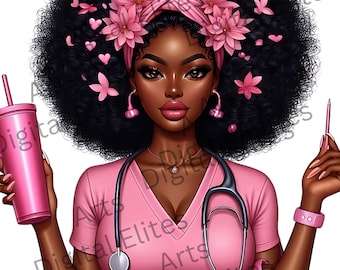 Pode incluir: Uma mulher negra com afro usando um top rosa de trabalho e um estetoscopio. Ela está segurando um copo rosa e uma bolsa rosa. Ela está usando uma faixa de cabeça rosa com flores rosas.