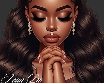 May include: A digital illustration of a woman with long, dark brown hair, wearing gold earrings, with her hands clasped in prayer. The text "I can do all things through Christ who strengthens me Philippians 4:13" is below her hands.